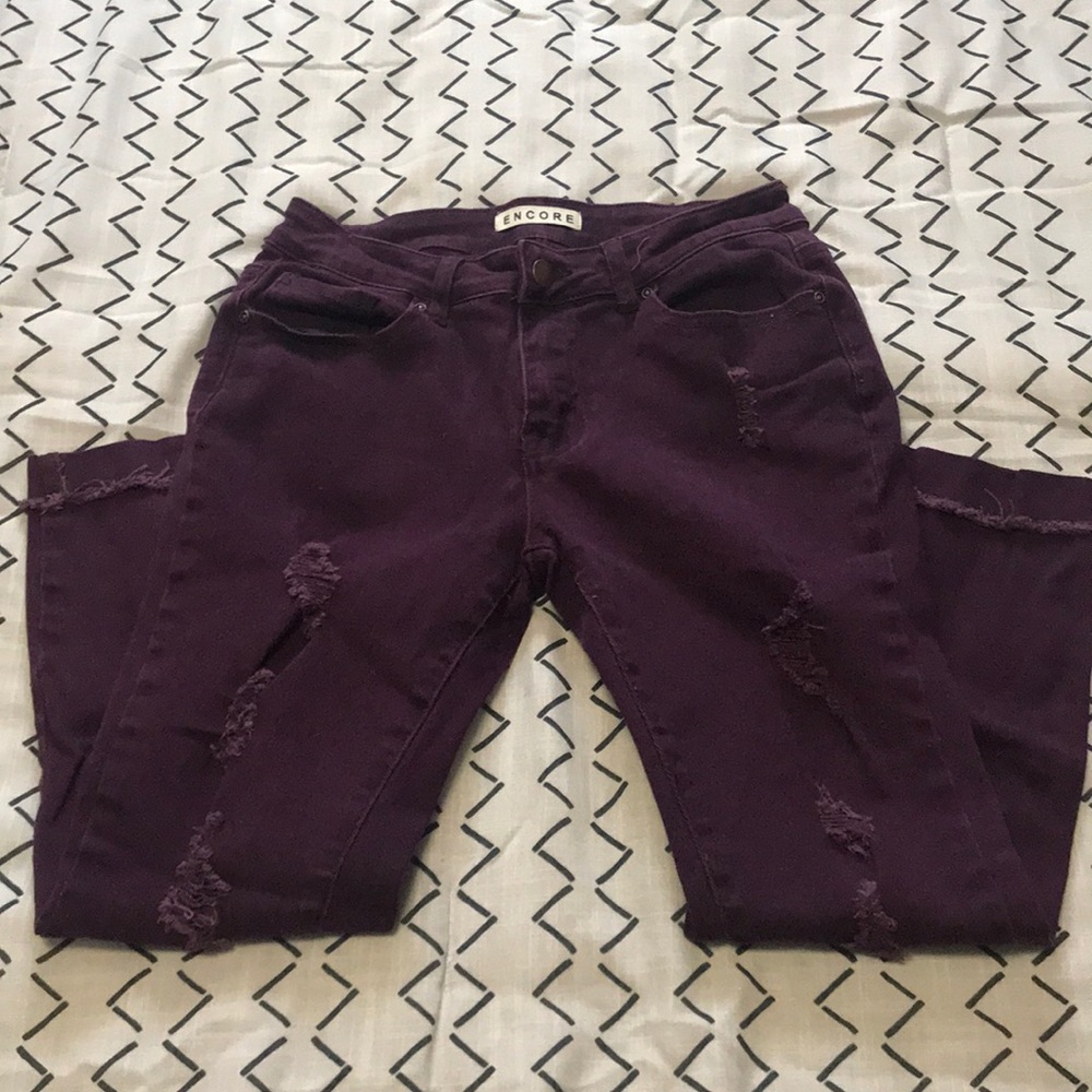 dark wine red, distressed, cropped jean leggings
